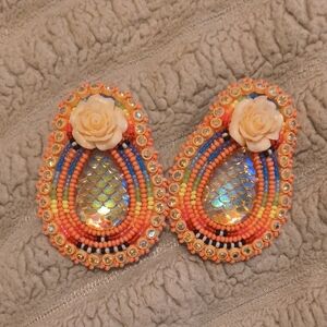 Hand Beaded Earrings with Floral Accent